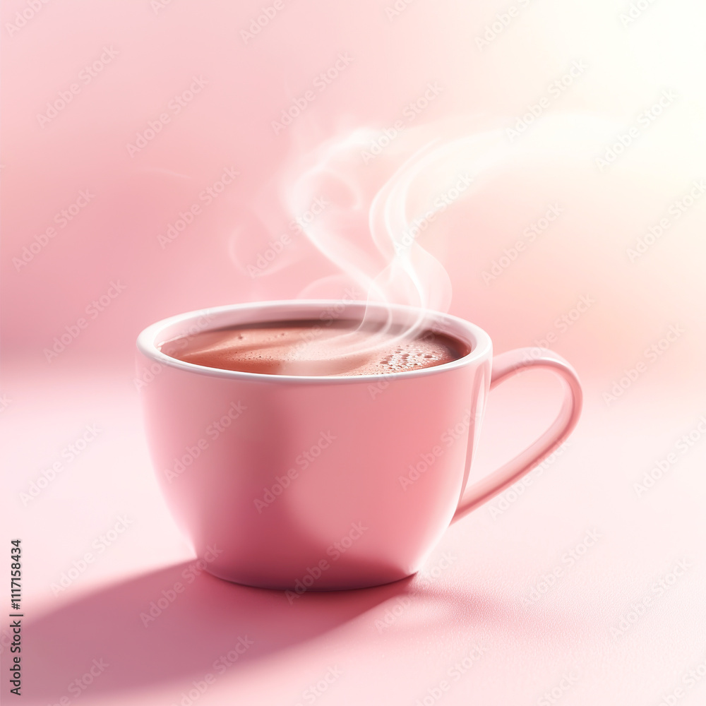 A steaming cup of hot tea against a soft pink background. A steaming cup of hot tea against a soft pink background.