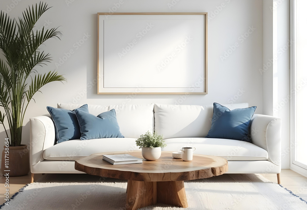 modern living room featuring white sofa with blue cushions, wooden coffee table, and potted plant, creating serene and inviting atmosphere modern living room featuring white sofa with blue cushions, wooden coffee table, and potted plant, creating serene and inviting atmosphere