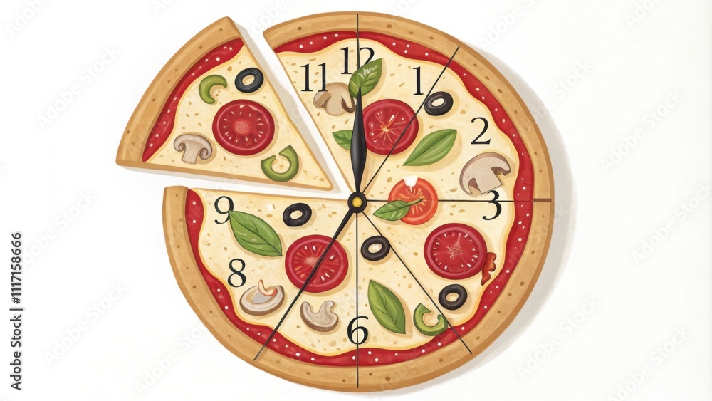 Whimsical pizza clock design with toppings and time markers Whimsical pizza clock design with toppings and time markers