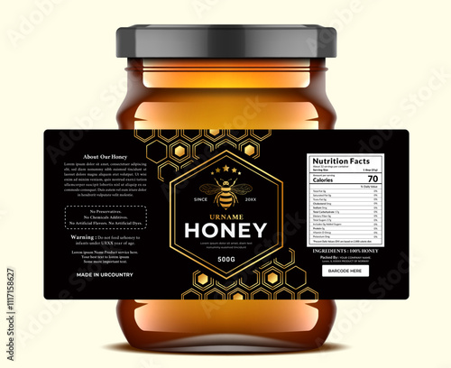 Elegant honey label featuring a gold bee, hexagon pattern, and premium quality, unique natural packaging design.