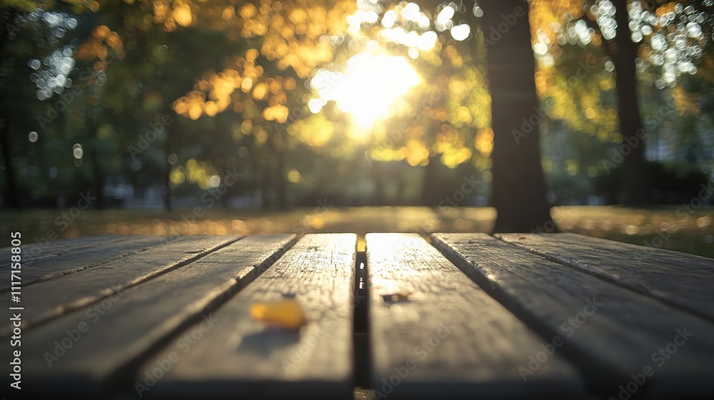 Empty Wooden Table Surrounded by Trees in Urban Park at Sunset