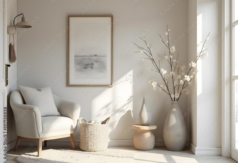 Fototapeta premium cozy living room corner featuring soft armchair, decorative vases, and minimalist aesthetic. Natural light enhances serene atmosphere, creating peaceful retreat