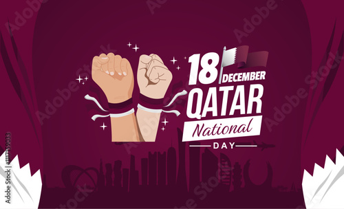 Elegant Qatar national day 2024 banner design with rising hand, flag and Doha skyline illustration. Qatar national day vector Illustration