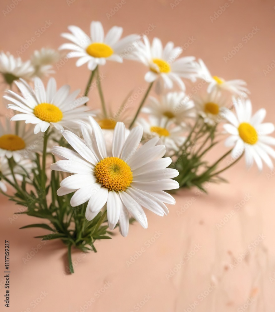Obraz premium delicate daisy flowers on soft peach background, gentle, small, blossoms