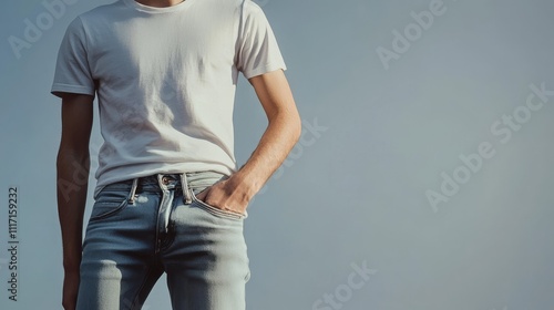 Casual outfit worn by a young man outdoors. photo