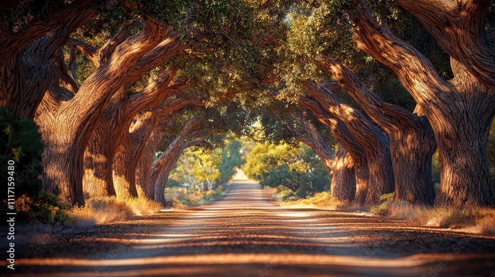 A scenic dirt road lined with majestic trees, creating a serene and inviting atmosphere. A scenic dirt road lined with majestic trees, creating a serene and inviting atmosphere.