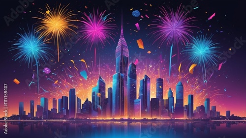 Futuristic New Year's Eve Celebration: Neon Skyline and Midnight Magic photo