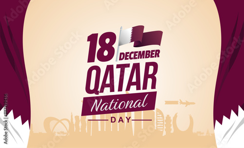 Qatar National Day 2024 Banner Background with Arabic Text "Yawm al-Waṭani li-Qaṭar", national flag and Doha skyline illustration. Arabic Text Translation : National Day of Qatar. 