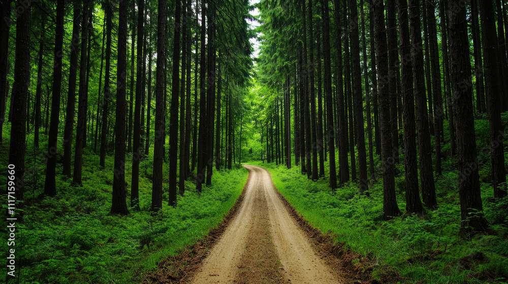 A scenic pathway through a lush green forest lined with tall trees and vibrant foliage. A scenic pathway through a lush green forest lined with tall trees and vibrant foliage.