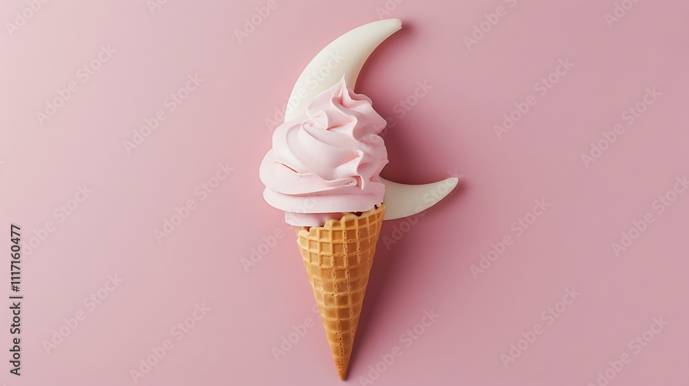 Ice cream cone shaped like a moon on light pink background Ice cream cone shaped like a moon on light pink background