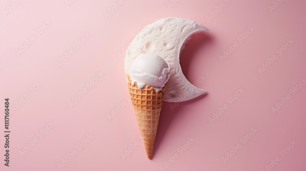 Ice cream cone shaped like a moon on light pink background Ice cream cone shaped like a moon on light pink background