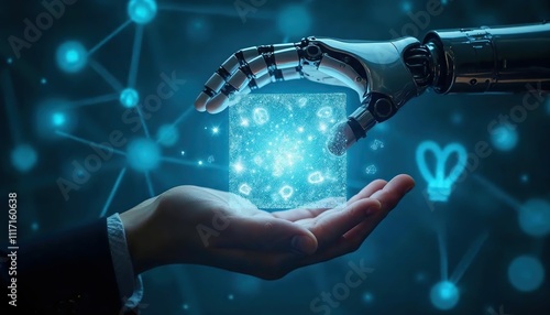 Human-AI Collaboration:  A robotic hand gently transfers a glowing, data-filled cube to a human hand, symbolizing the innovative partnership between artificial intelligence and human ingenuity.