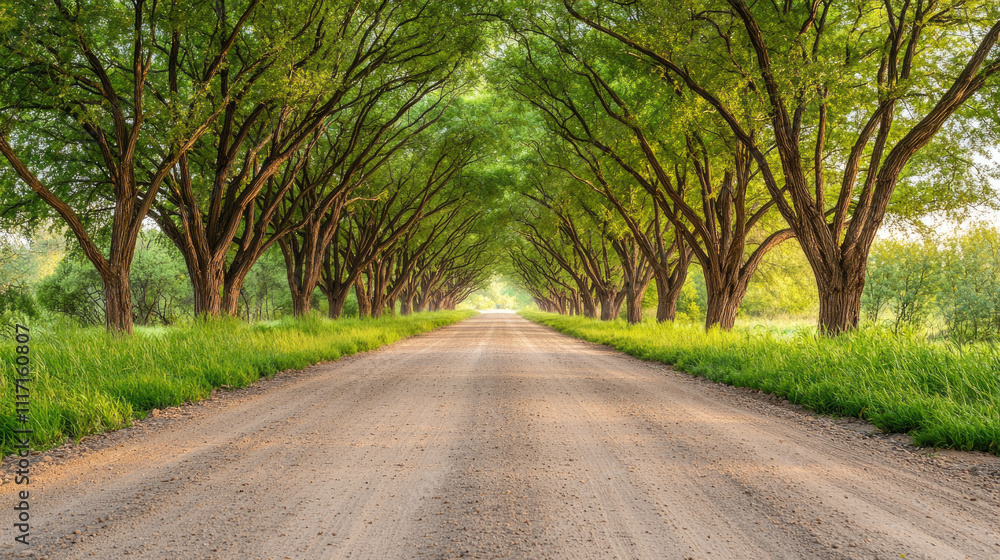 Obraz premium A serene dirt road lined with lush green trees, inviting peaceful walks or drives.