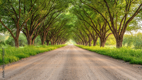 A serene dirt road lined with lush green trees, inviting peaceful walks or drives.