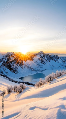 A breathtaking view of the snow-covered Alps, with pristine white slopes and vibrant blue lakes nestled beneath majestic mountains under a clear sky at sunrise. 