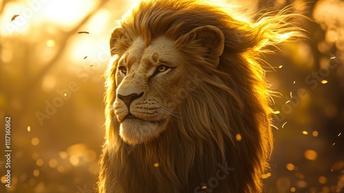 Majestic male lion with golden mane, backlit by sunset.