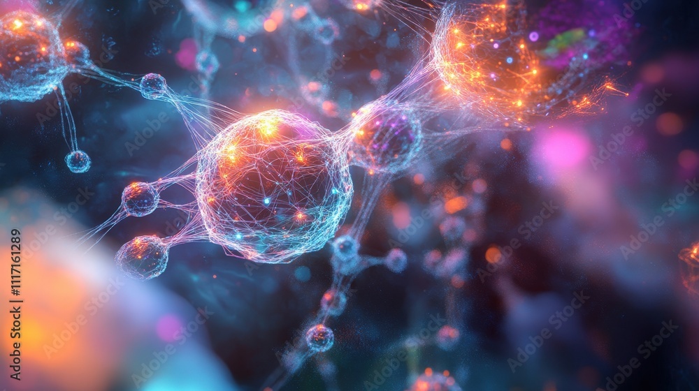 Conceptual illustration of quantum computing with glowing, interconnected particles Conceptual illustration of quantum computing with glowing, interconnected particles