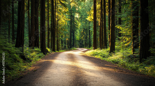 A serene forest path illuminated by soft sunlight filtering through tall trees.