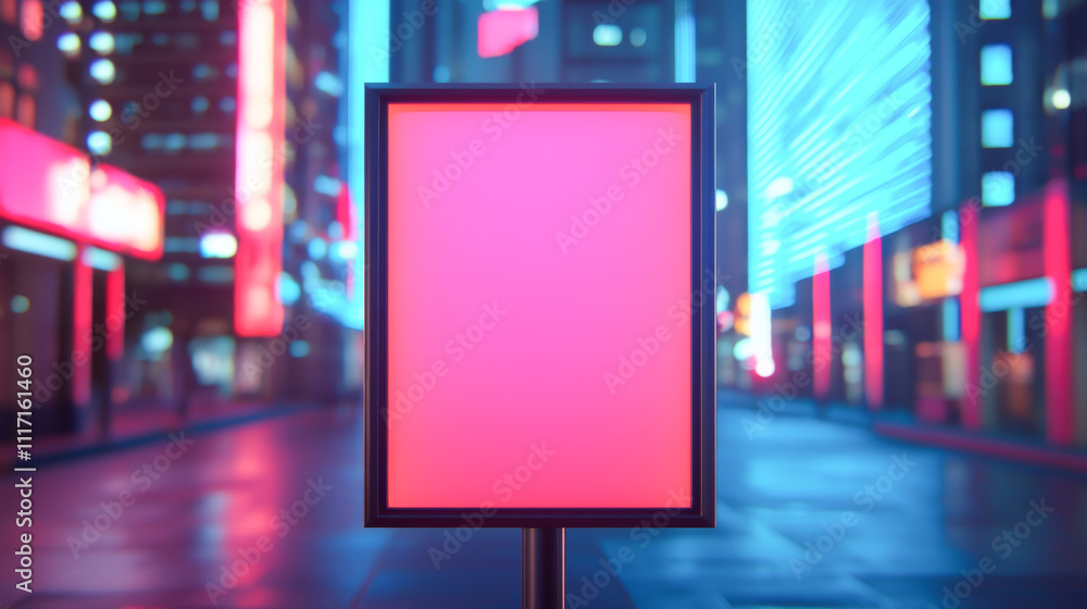 Obraz premium A vibrant empty billboard in a neon-lit urban setting at night.