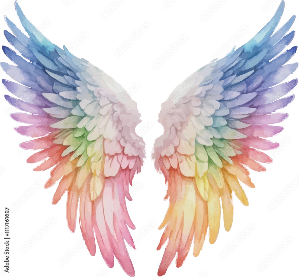 Fototapeta premium A rainbow colored angel wings on a white background