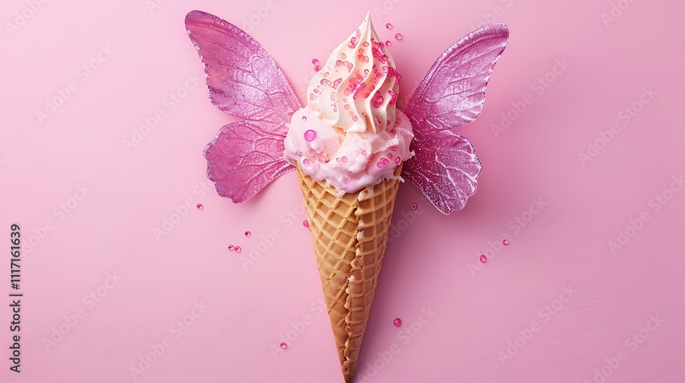 Ice cream cone with fairy wings on light pink background Ice cream cone with fairy wings on light pink background