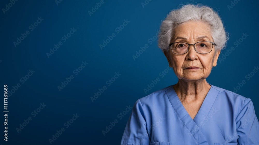 A thoughtful elderly woman in scrubs, showcasing wisdom and experience, stands against a blue background, symbolizing dedication in healthcare. A thoughtful elderly woman in scrubs, showcasing wisdom and experience, stands against a blue background, symbolizing dedication in healthcare.