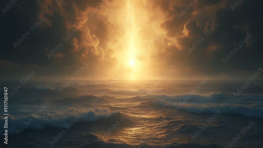 Fototapeta premium God Created the Universe by Sweeping Over the Waters and Declaring 'Let There Be Light' Bringing the First Illumination into Existence