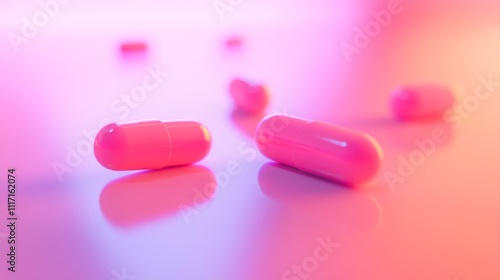 Colorful pink capsules on reflective surface.