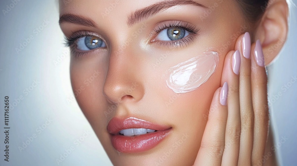Close-up of a woman applying moisturizer to her face, highlighting her radiant and flawless skin Close-up of a woman applying moisturizer to her face, highlighting her radiant and flawless skin