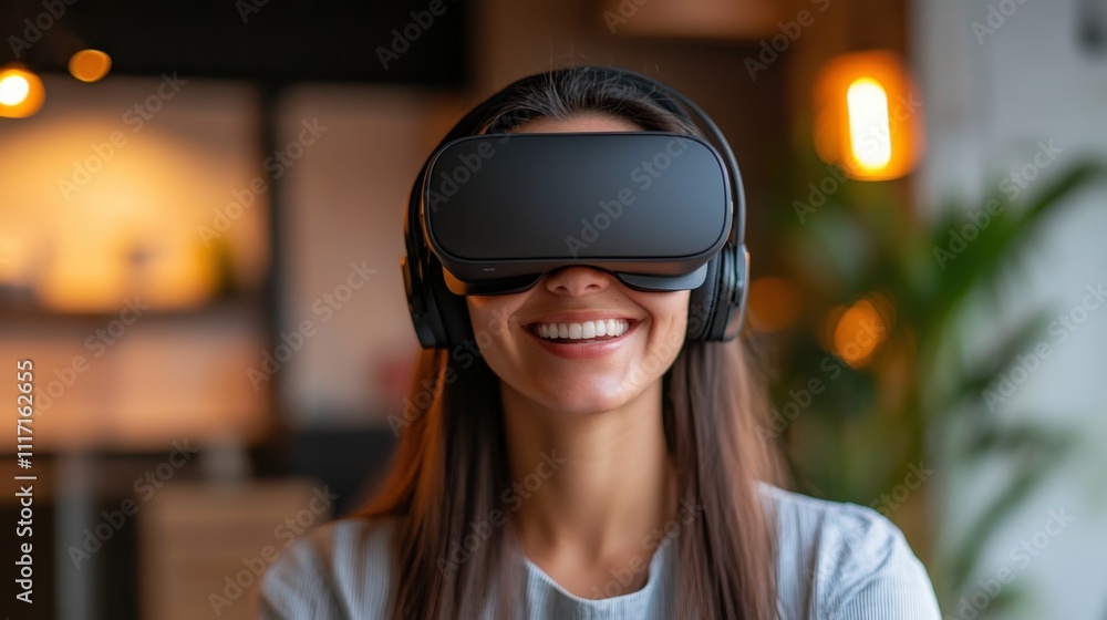 Joyful Woman in Virtual Reality Headset Smiling Joyful Woman in Virtual Reality Headset Smiling