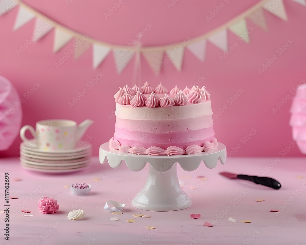 Minimalist pink ombre cake on a white stand, pastel bunting, against a pink backdrop, offering ample negative space for text. Minimalist pink ombre cake on a white stand, pastel bunting, against a pink backdrop, offering ample negative space for text.
