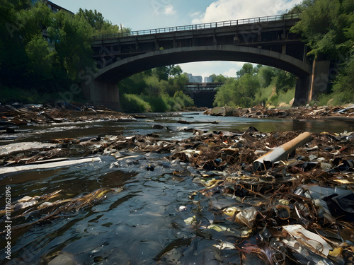 A polluted urban stream filled with debris, flowing under a series of bridges. photo