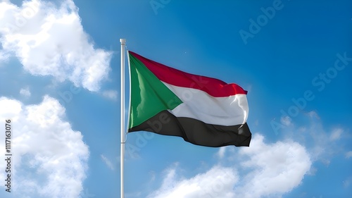 Sudan National Flag Waving Proudly Against a Clear Blue Sky – Celebrating Independence Day, Victory Day, and Honoring Sudanese Culture, Heritage, and National Unity photo