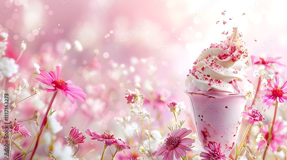 Ice cream sundae in a flower field on light pink background Ice cream sundae in a flower field on light pink background