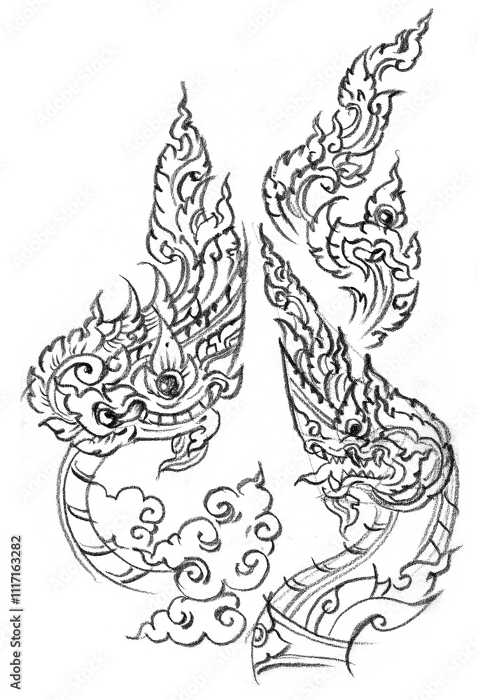 fantasy dragon in Thai art pencil drawing for card decoration illustration 