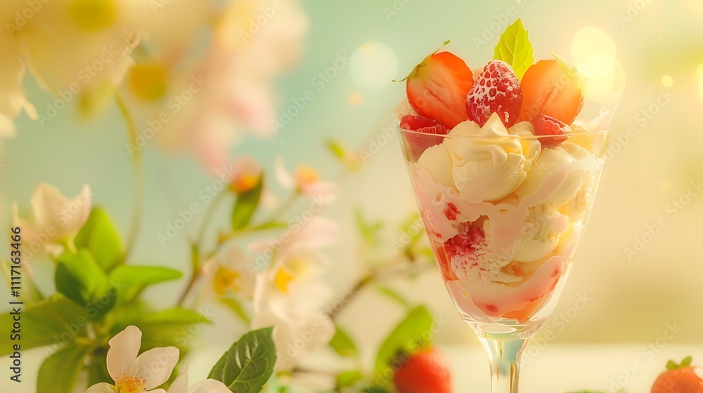 Ice cream sundae in a magical garden on light yellow background Ice cream sundae in a magical garden on light yellow background