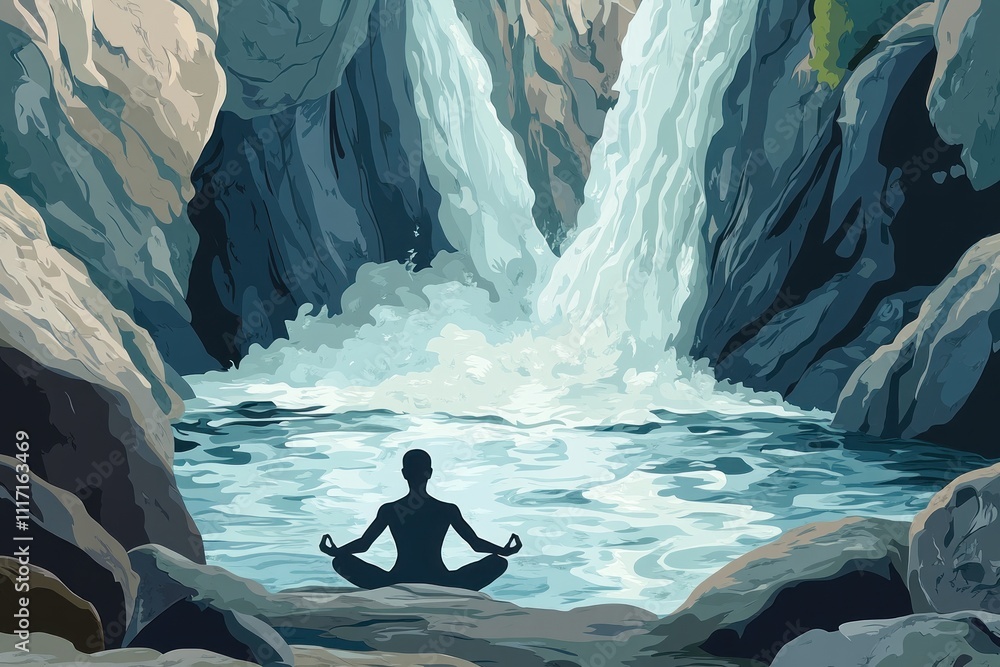 Fototapeta premium A serene figure meditating by a waterfall in a tranquil natural setting.