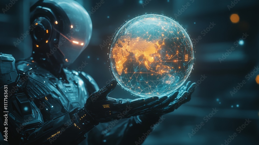Futuristic Robot Holding a Glowing Earth Sphere Futuristic Robot Holding a Glowing Earth Sphere