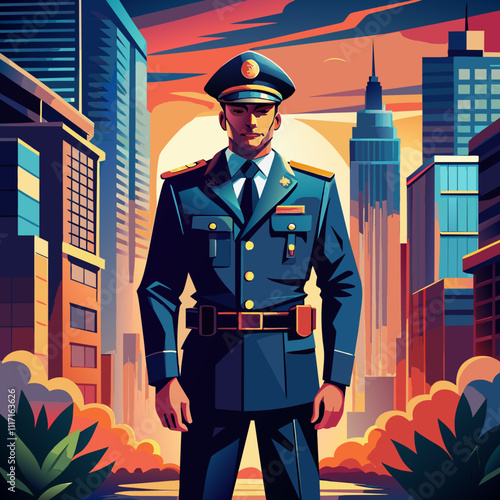 officer in front of the city