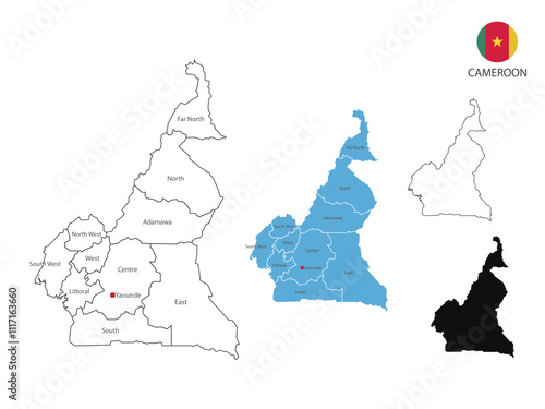 4 style of Cameroon map have all province and mark the capital city of Cameroon. By thin black outline simplicity style and dark shadow style. Isolated on white background. Vector Illustration
