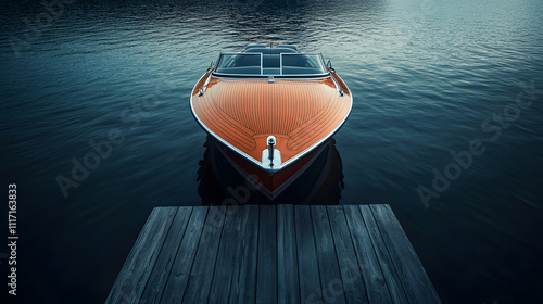 Sleek speedboat sea wooden, pristine dock motorboat luxury, powerful transport pier powerboat, exclusive private boat, marine scenic nautical.