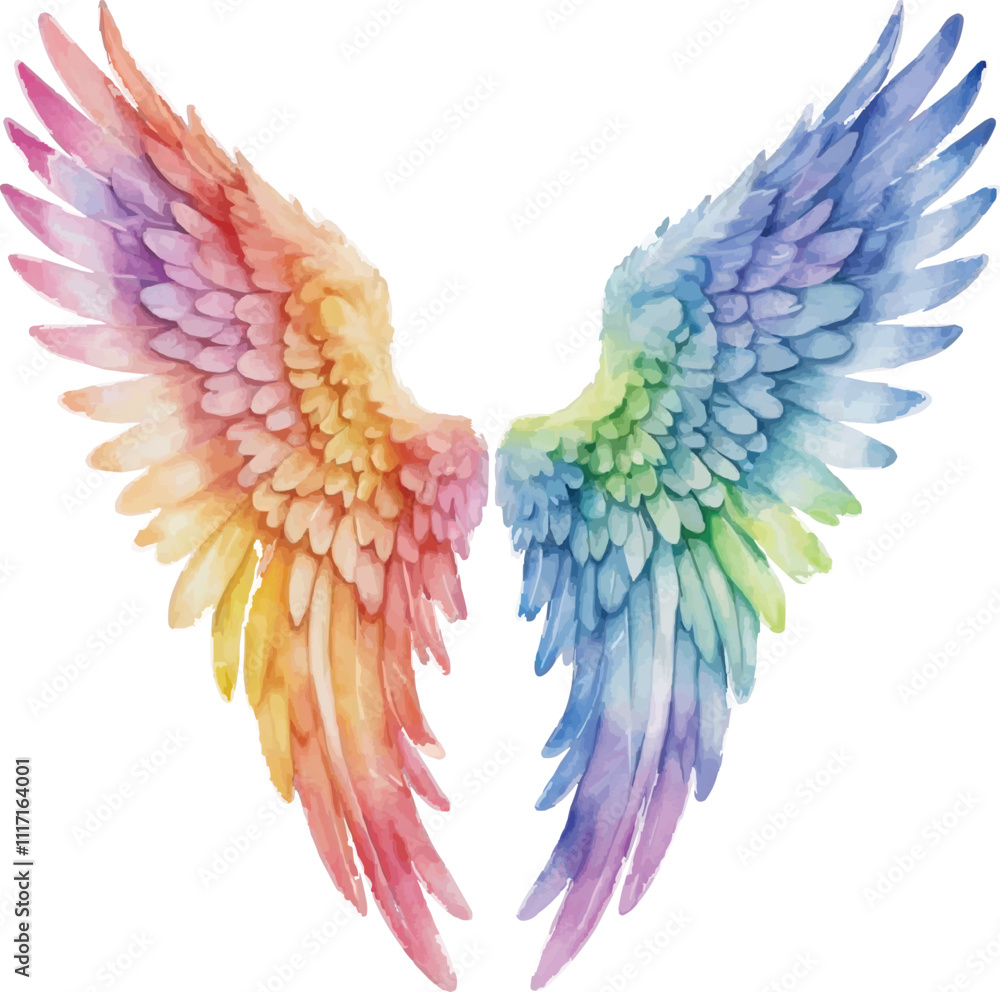 Fototapeta premium Rainbow angel wings watercolor illustration isolated