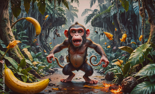 A cartoon monkey is standing in front of a bunch of bananas. The bananas are scattered around the monkey, and some of them are even on the ground. The scene has a playful and lighthearted mood photo