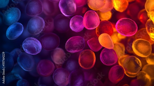 Blood cells illuminated in vibrant colors under a biological microscope, glowing with intricate surface details.