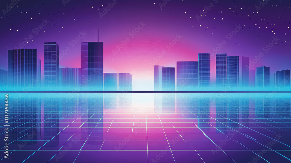Neon urban city skyline at night view through VR glasses. Modern town buildings exterior with reflections. Metaverse virtual reality technology. Neon urban city skyline at night view through VR glasses. Modern town buildings exterior with reflections. Metaverse virtual reality technology.