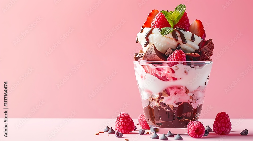 Ice cream sundae with magical toppings on light pink background Ice cream sundae with magical toppings on light pink background