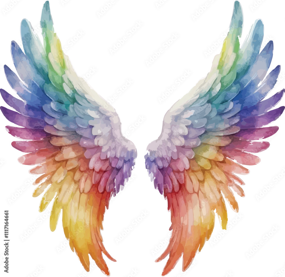 Fototapeta premium Rainbow angel wings watercolor illustration isolated