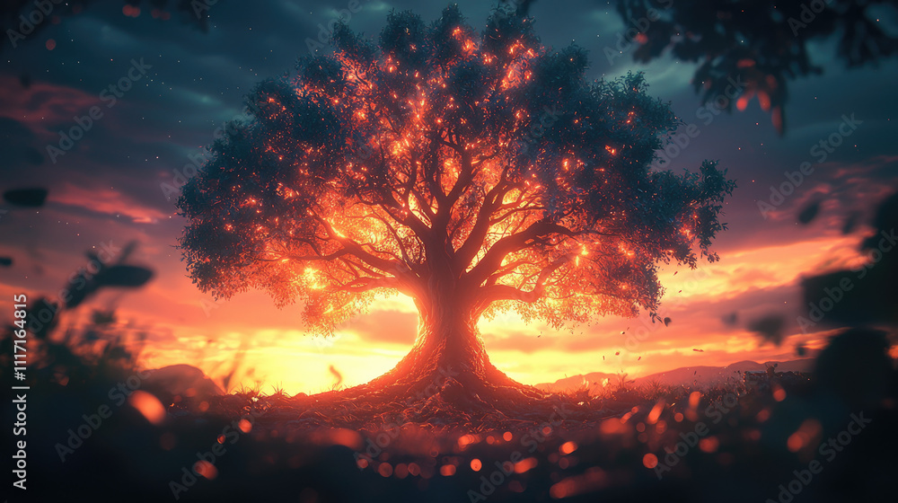 Majestic tree illuminated by sunset, showcasing nature's beauty and vibrant colors. Majestic tree illuminated by sunset, showcasing nature's beauty and vibrant colors.