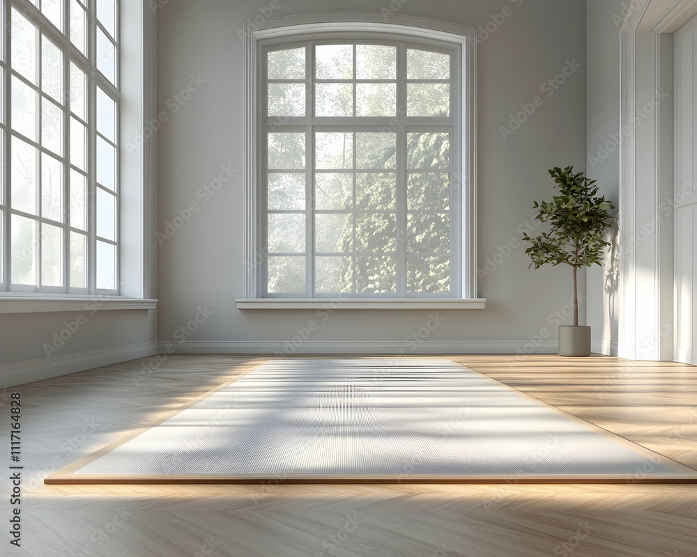 Fototapeta premium Sunlit room interior with large windows, hardwood floors, and a light-colored rug.
