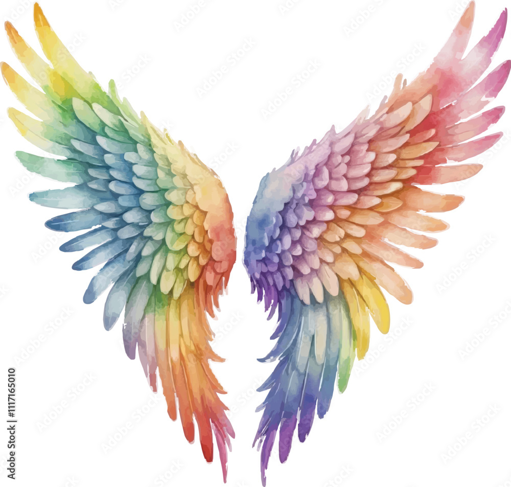 Fototapeta premium Rainbow angel wings watercolor illustration isolated